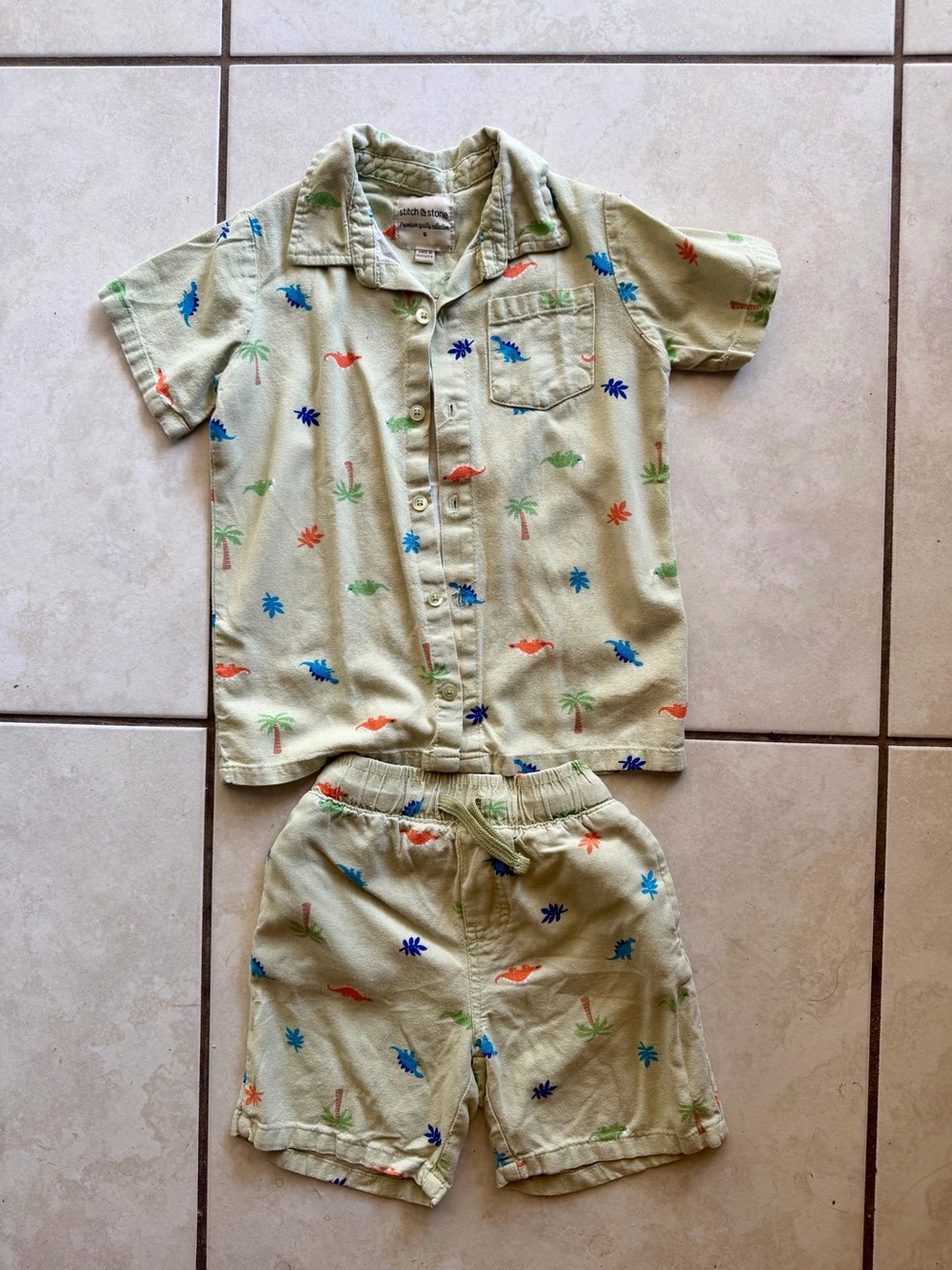 Light Green Dino & Palm Short Sleeve Kids Matching Set